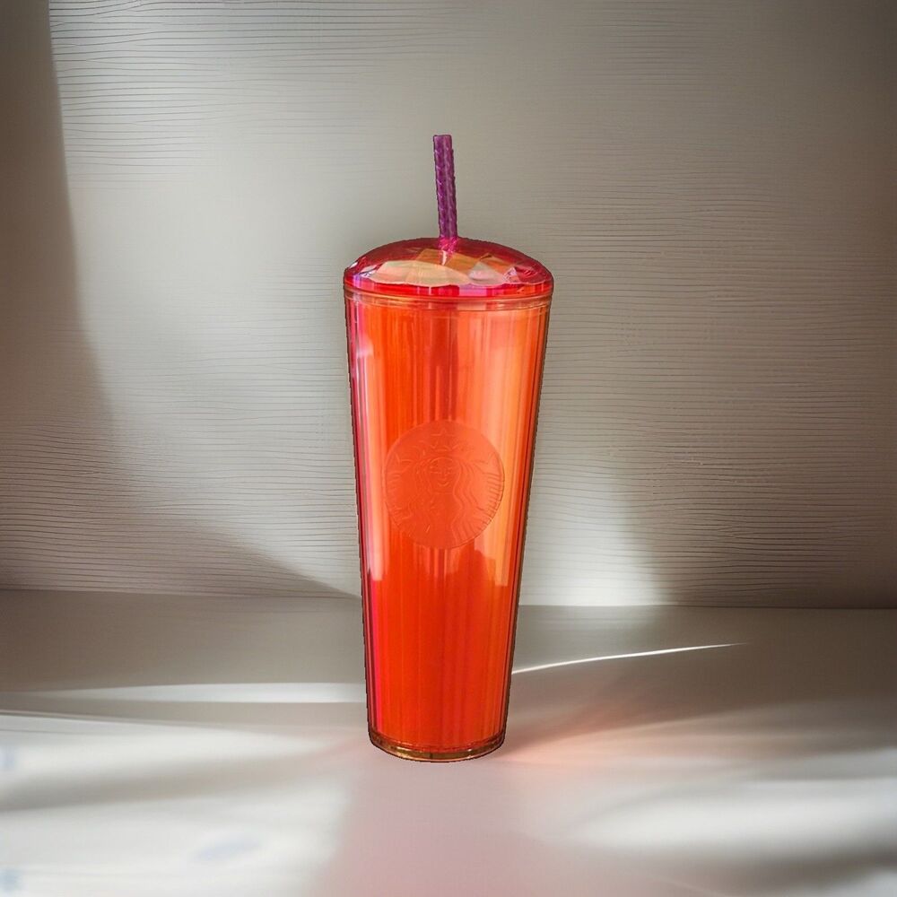 Starbucks Tumbler 24 Ounce Orange Pink Red Iridescent Venti Cup Siren Logo New